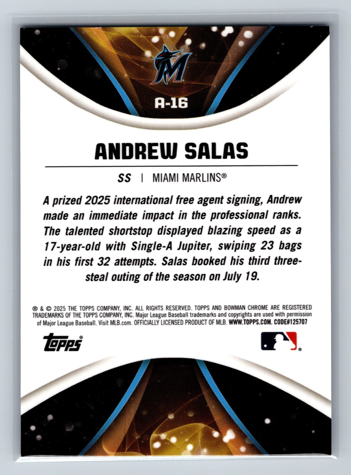 Andrew Salas 2025 Bowman Chrome Axis Green Refractor /99 #A-16 Marlins