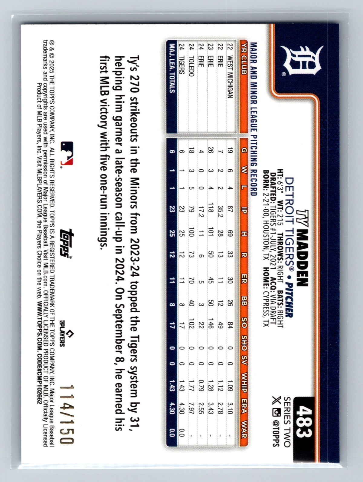 TY Madden 2025 Topps Series 2 Blue Foil RC /150 #483 Tigers