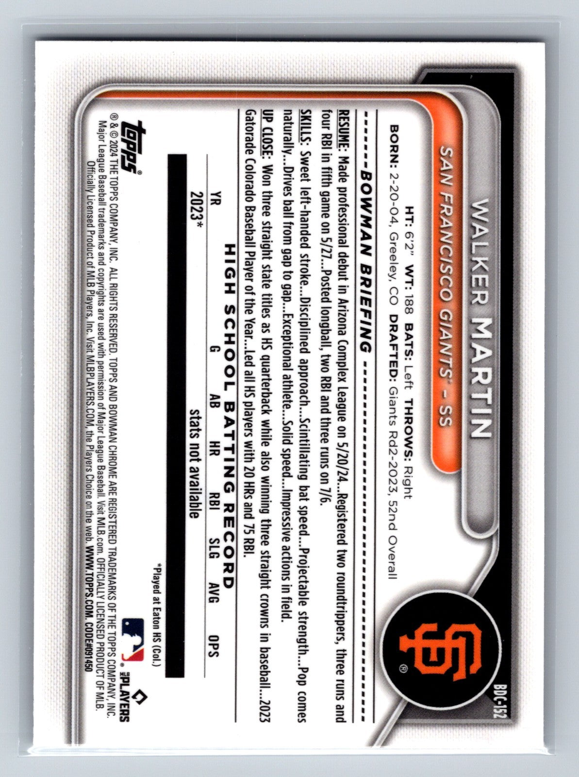 Walker Martin 2024 Bowman Draft Chrome Purple Refractor /250 #BDC-152 Giants