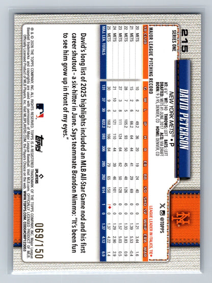 David Peterson 2026 Topps Series 1 Blue Rainbow Foil /150 #215 Mets