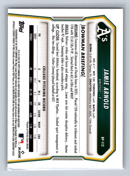 Jamie Arnold 2026 Bowman Paper Prospects Fuchsia /299 #BP-112 Athletics