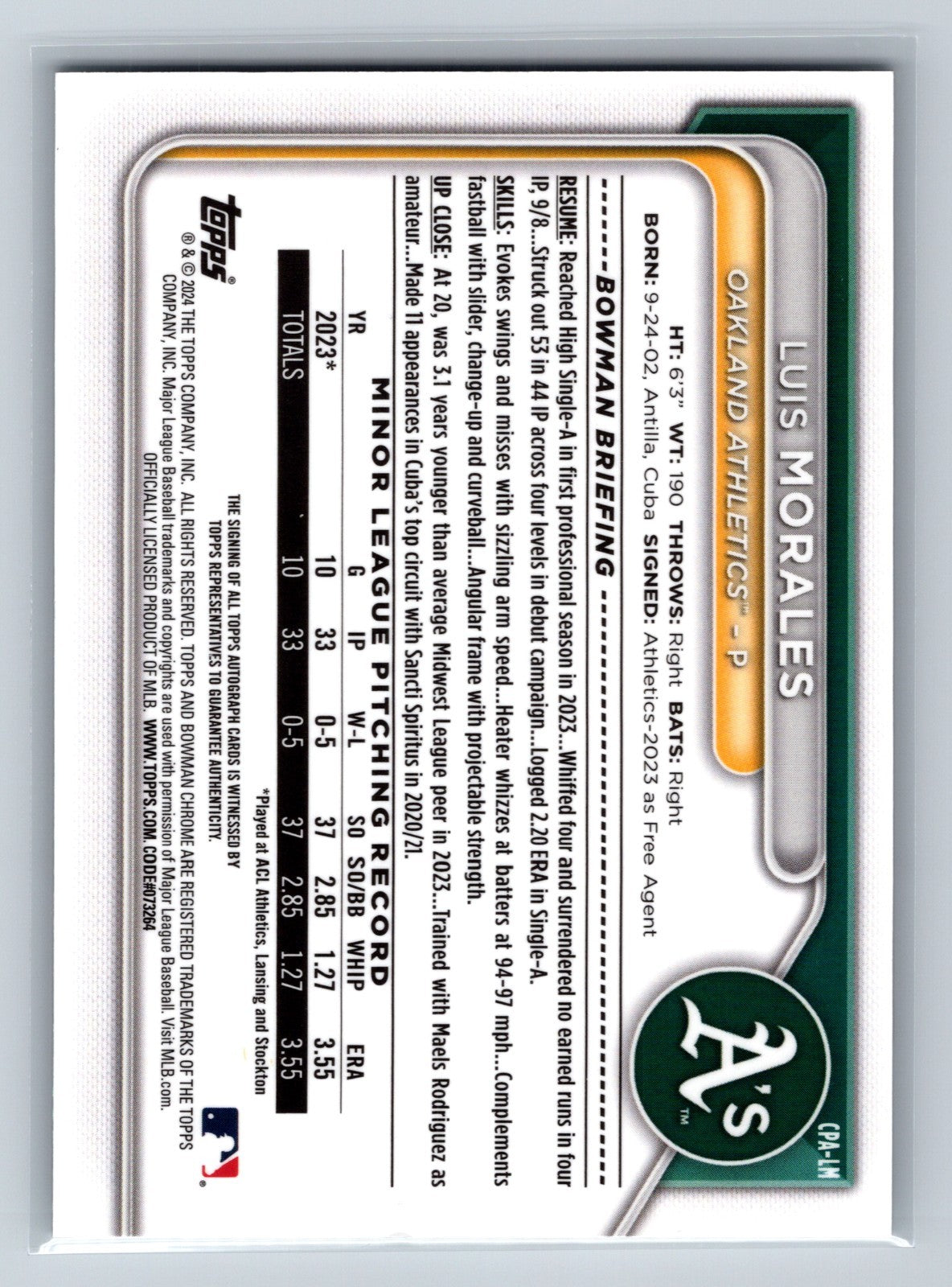 Luis Morales 2024 Bowman Chrome 1st Speckle Refractor /299 #BCP-157 Athletics