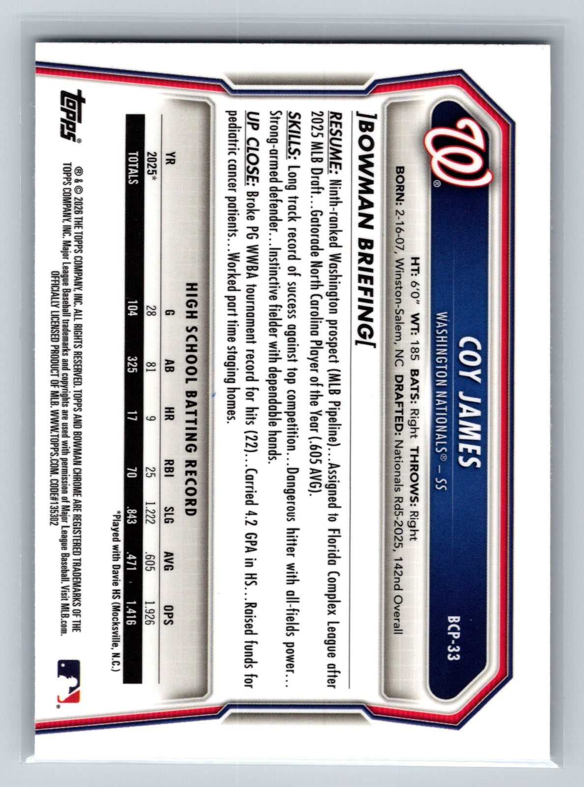 Coy James 2026 Bowman Chrome 1st X-Fractor #BCP-33 Nationals