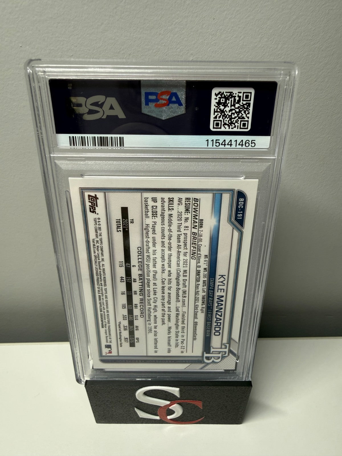 Kyle Manzardo 2021 Bowman Draft Chrome 1st Purple Refractor /250 #BDC-191 PSA 10