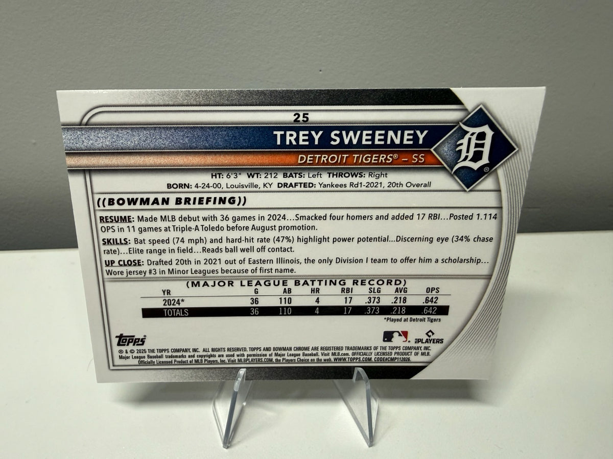 Trey Sweeney 2025 Bowman Chrome Aqua RayWave Refractor RC /199 #25 Tigers