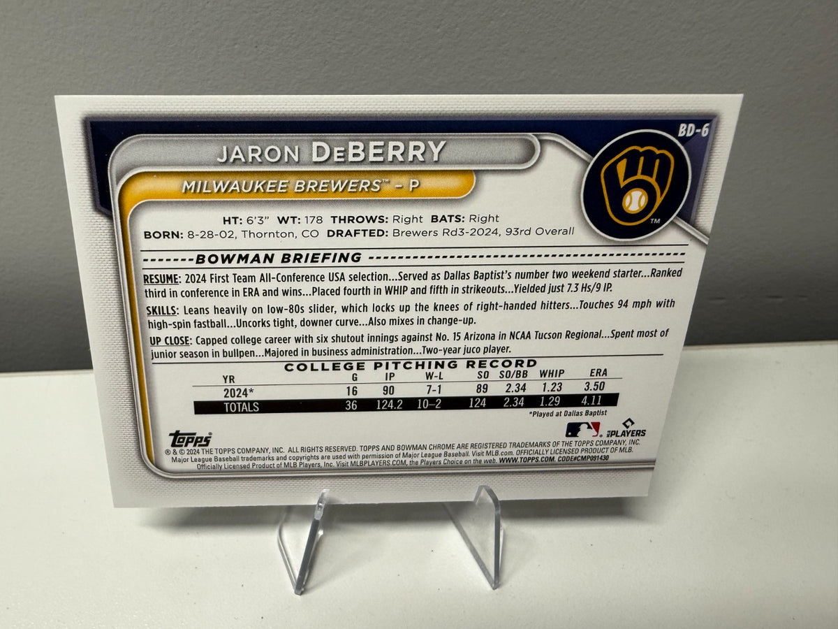 Jaron DeBerry 2024 Bowman Draft 1st Paper Green /99 #BD-6 Brewers