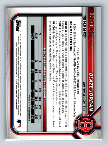 Blaze Jordan 2022 Bowman Chrome Prospect Blue Mojo Refractor /150 #BCP-243