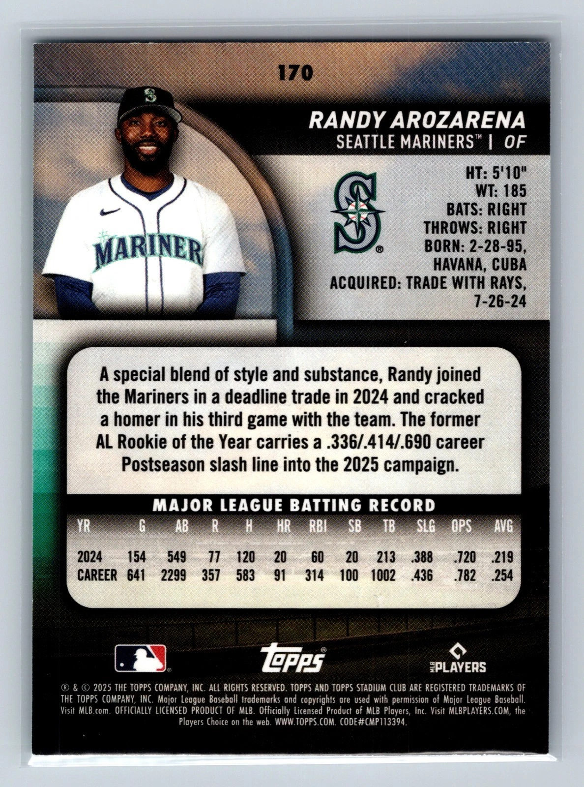 Randy Arozarena 2025 Topps Stadium Club Turquoise Foil /99 #170 Mariners