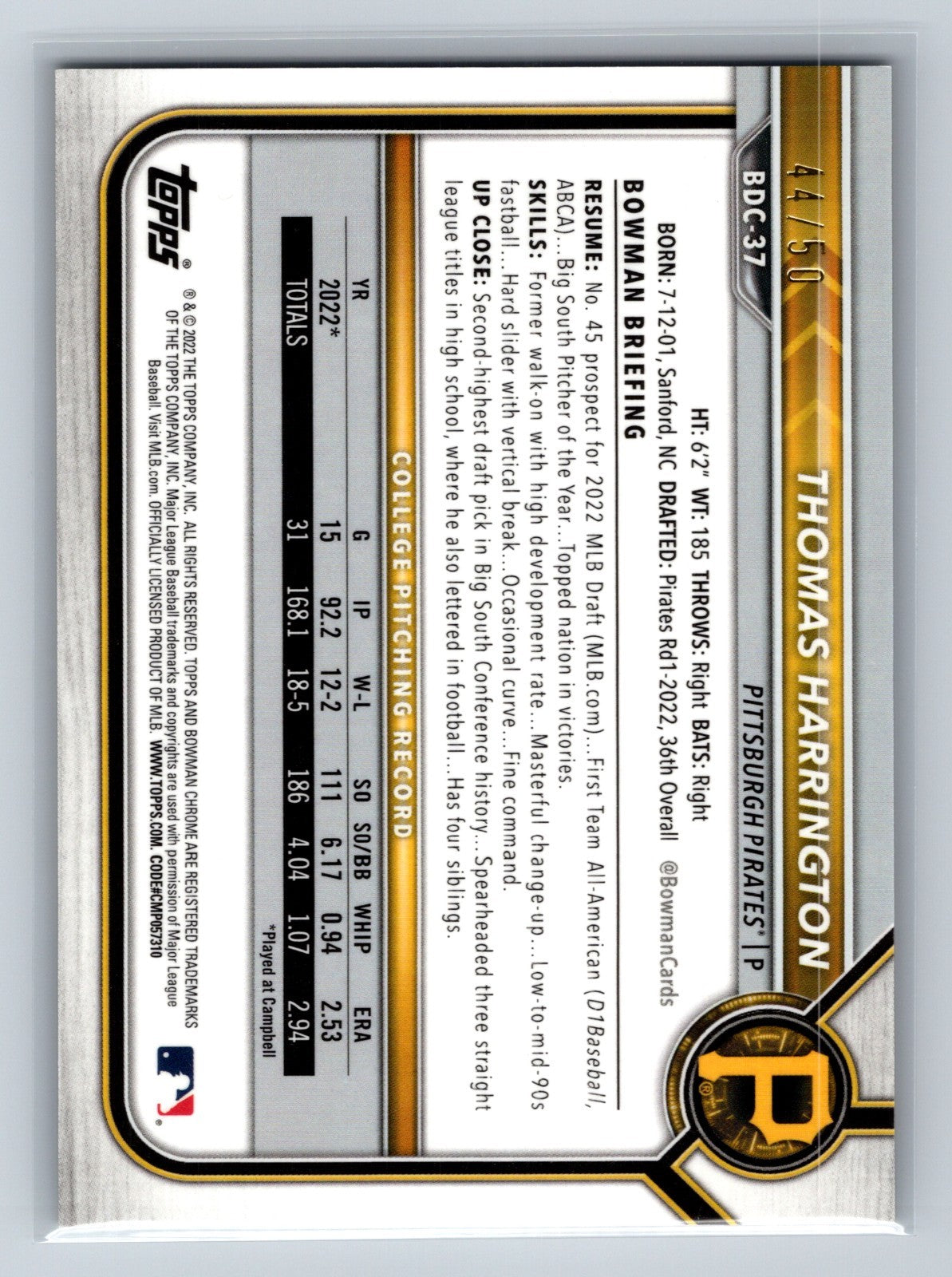Thomas Harrington 2022 Bowman Draft Chrome 1st Gold Refractor /50 #BDC-37