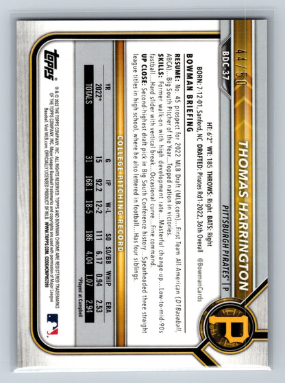 Thomas Harrington 2022 Bowman Draft Chrome 1st Gold Refractor /50 #BDC-37