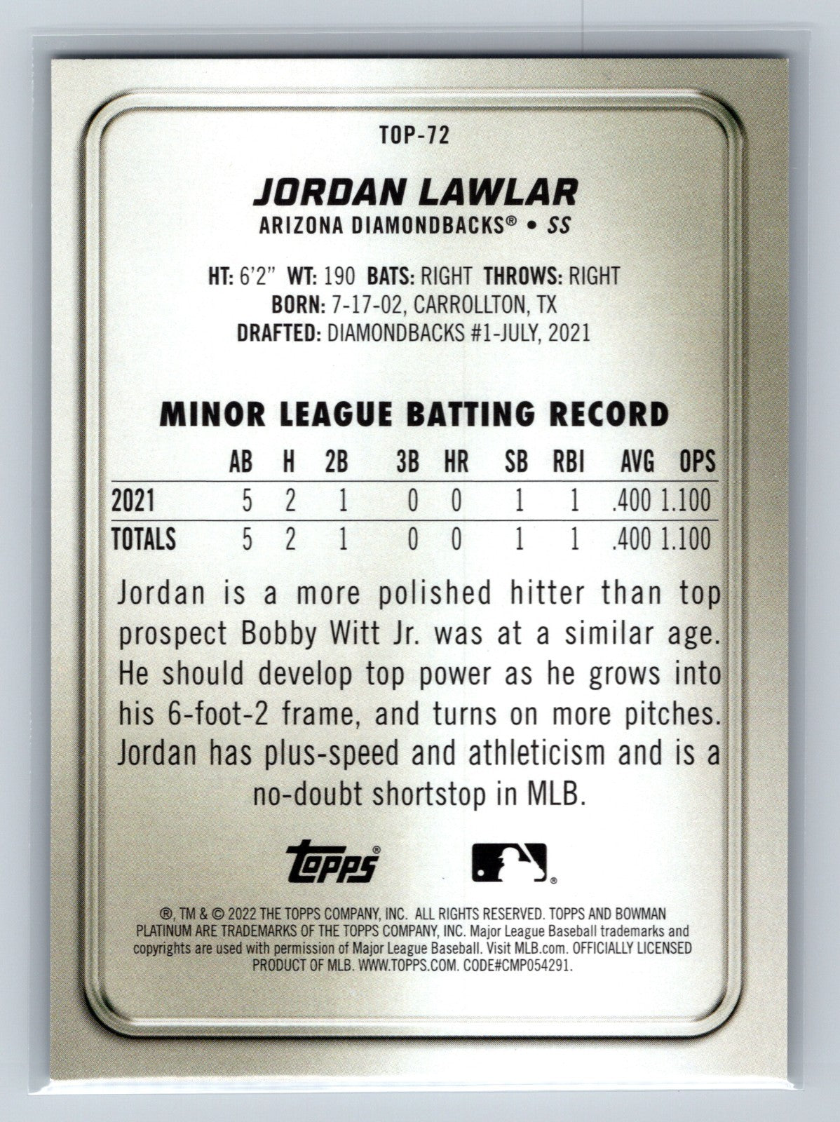 Jordan Lawlar 2022 Bowman Platinum Top Prospects Blue Refractor /150 #TOP-72