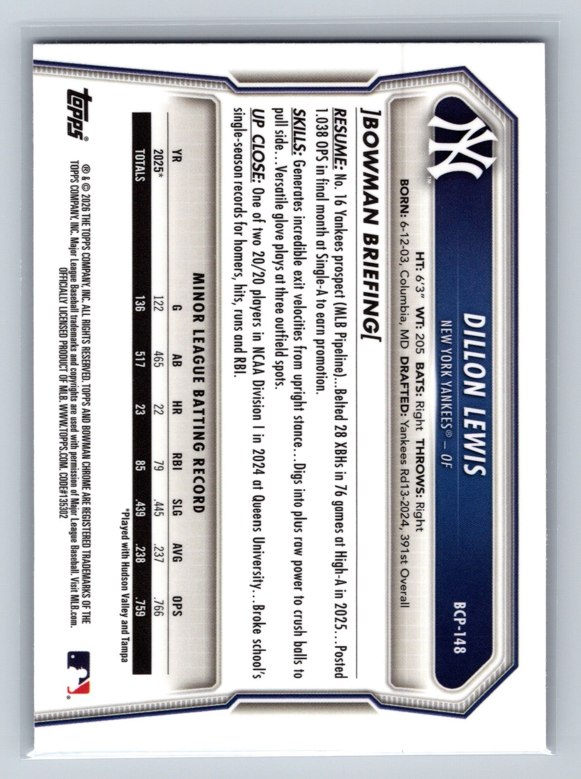 Dillon Lewis 2026 Bowman Chrome 1st Purple Geometric Refractor /250 #BCP-148