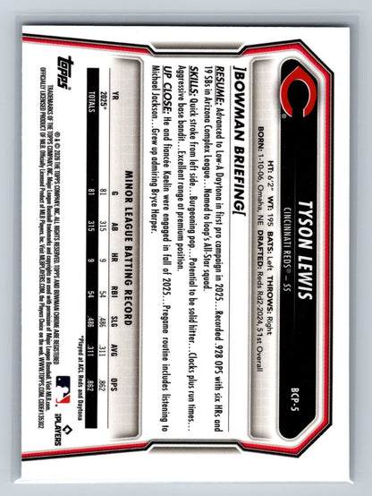 Tyson Lewis 2026 Bowman Chrome Prospects Speckle Refractor /299 #BCP-5 Reds