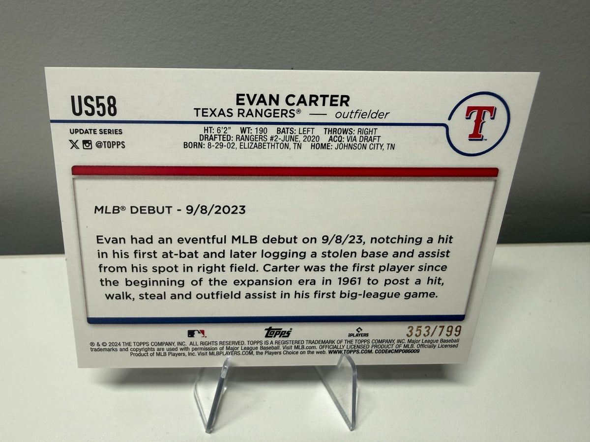 Evan Carter 2024 Topps Update Series Purple Holo Foilboard RC /799 #US58 Rangers