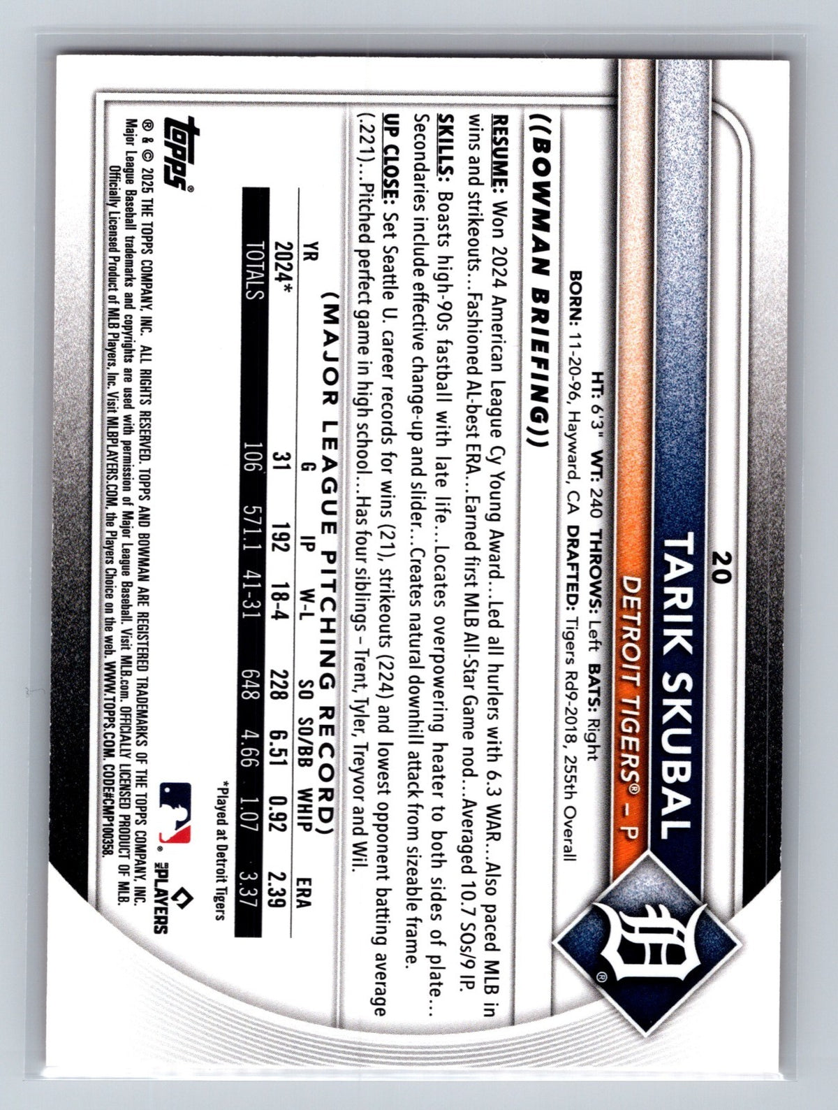 Tarik Skubal 2025 Bowman Paper Orange /25 #20 Tigers