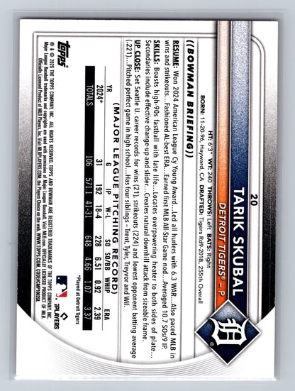 Tarik Skubal 2025 Bowman Paper Orange /25 #20 Tigers