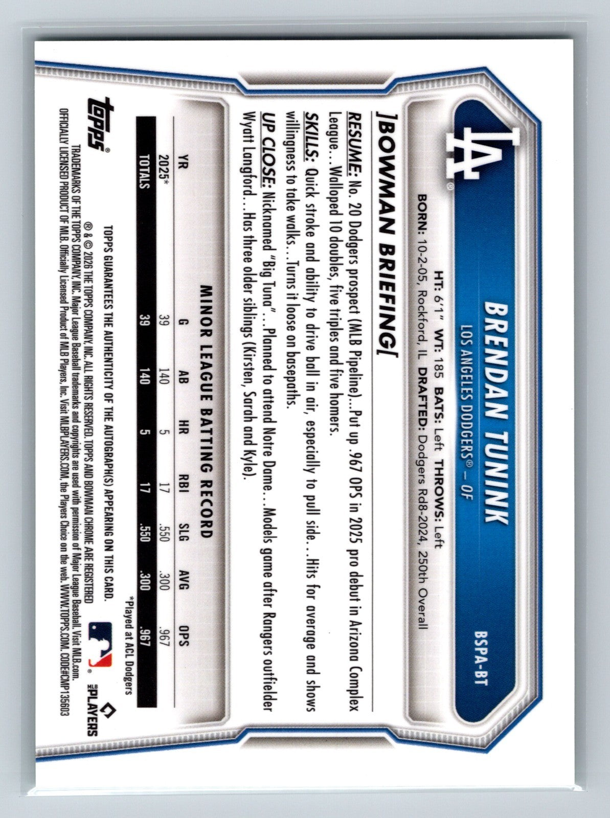Brendan Tunink 2026 Bowman Chrome 1st Green Sapphire Auto /99 #BSBA-BT Dodgers