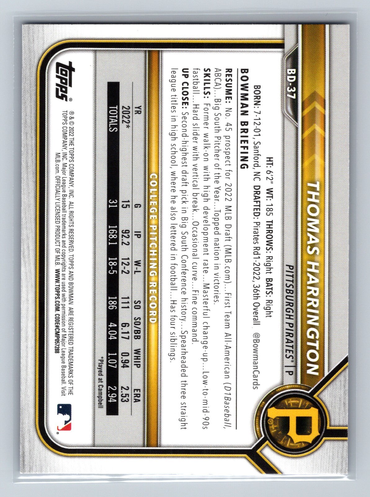 Thomas Harrington 2022 Bowman 1st Paper Purple /250 #BD-37 Pirates