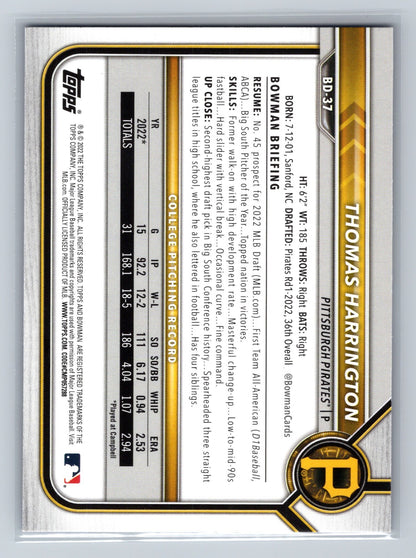 Thomas Harrington 2022 Bowman 1st Paper Purple /250 #BD-37 Pirates