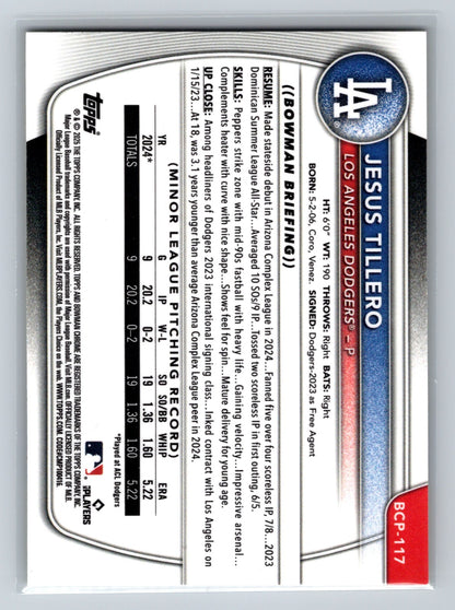 Jesus Tillero 2025 Bowman Chrome 1st Yellow Refractor /75 #BCP-117 Dodgers