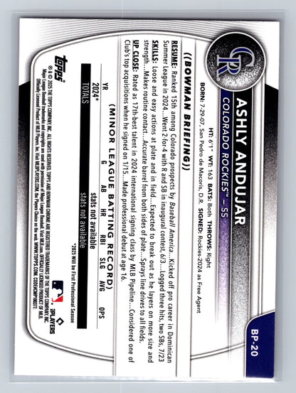 Ashly Andujar 2025 Bowman 1st Paper Prospects Pink /175 #BP-20 Rockies