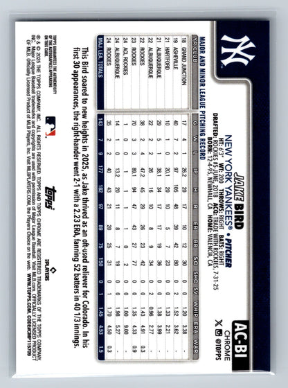 Jake Bird 2025 Topps Chrome Update Auto #AC-BI Yankees