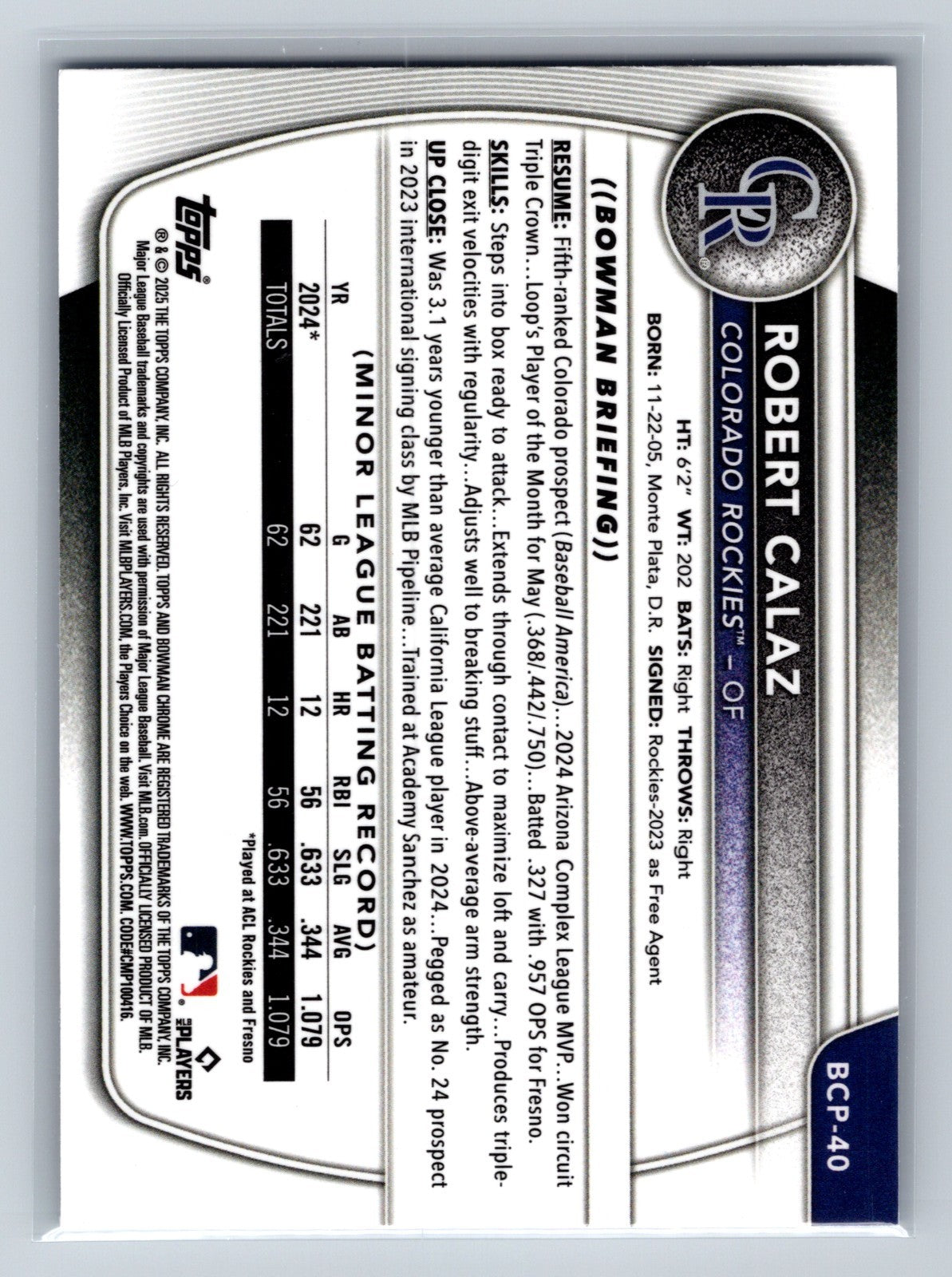 Robert Calaz 2025 Bowman Chrome Blue Prospect Geometric Refractor /150 #BCP-40