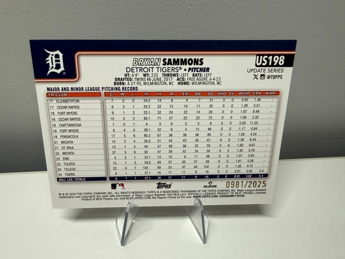 Bryan Sammons 2025 Topps Update Series Gold RC /2025 #US198 Tigers