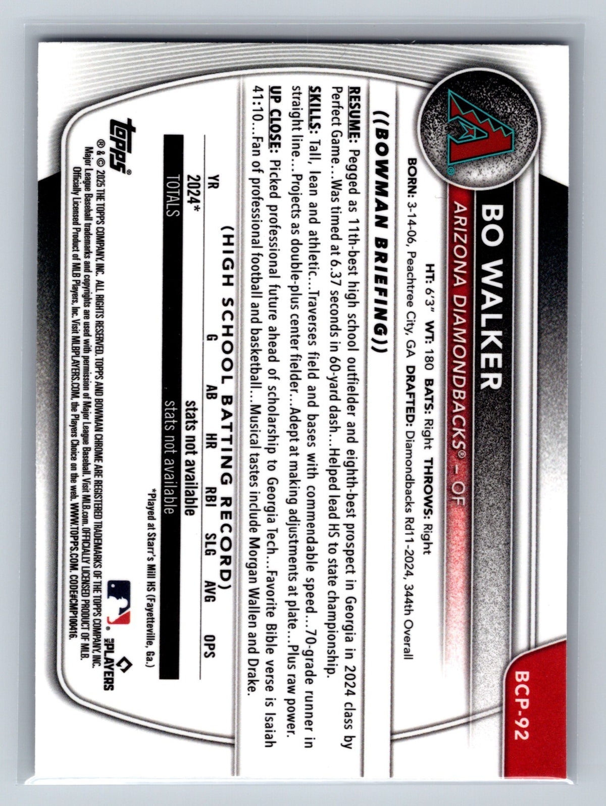 BO Walker 2025 Bowman Chrome 1st Purple Geometric Refractor /250 #BCP-92