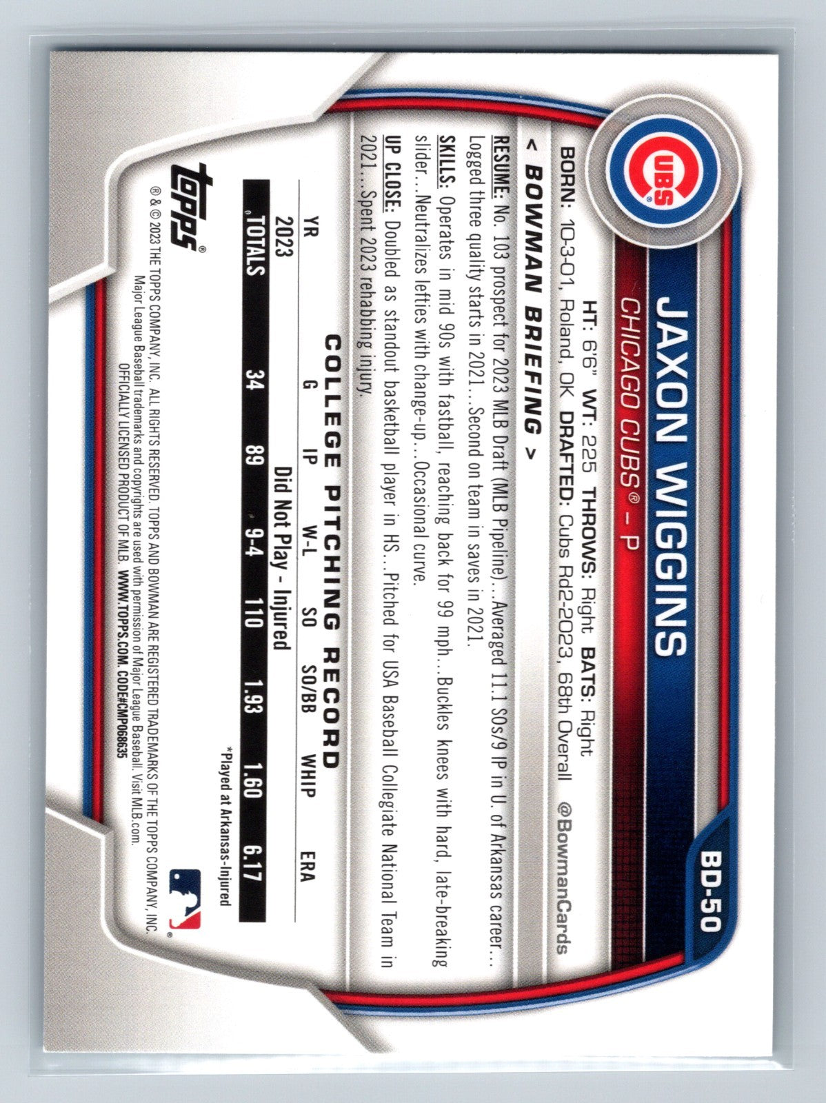 Jaxon Wiggins 2023 Bowman Draft 1st Paper Sky Blue /499 #BD-50 Cubs