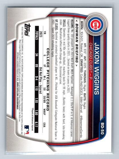Jaxon Wiggins 2023 Bowman Draft 1st Paper Sky Blue /499 #BD-50 Cubs