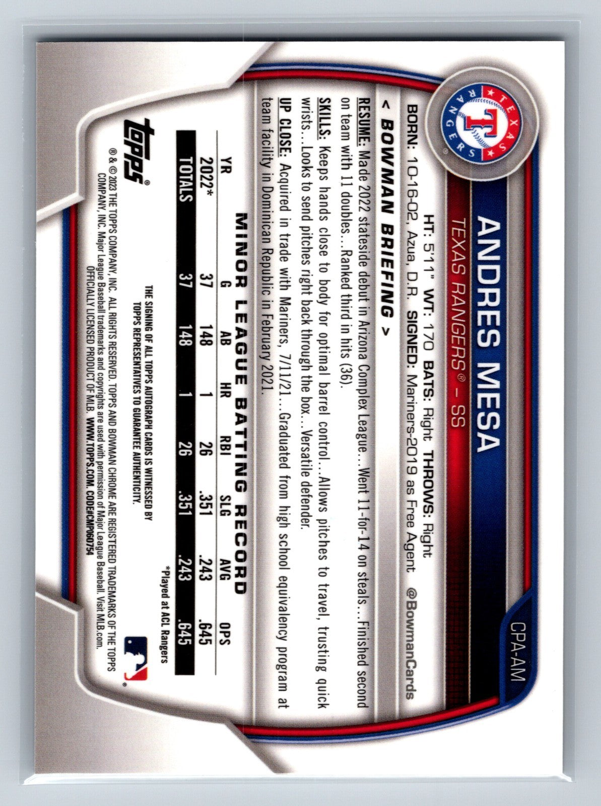 Andres Mesa 2023 Bowman Chrome 1st Auto #CPA-AM Rangers