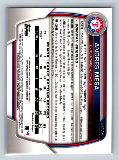 Andres Mesa 2023 Bowman Chrome 1st Auto #CPA-AM Rangers