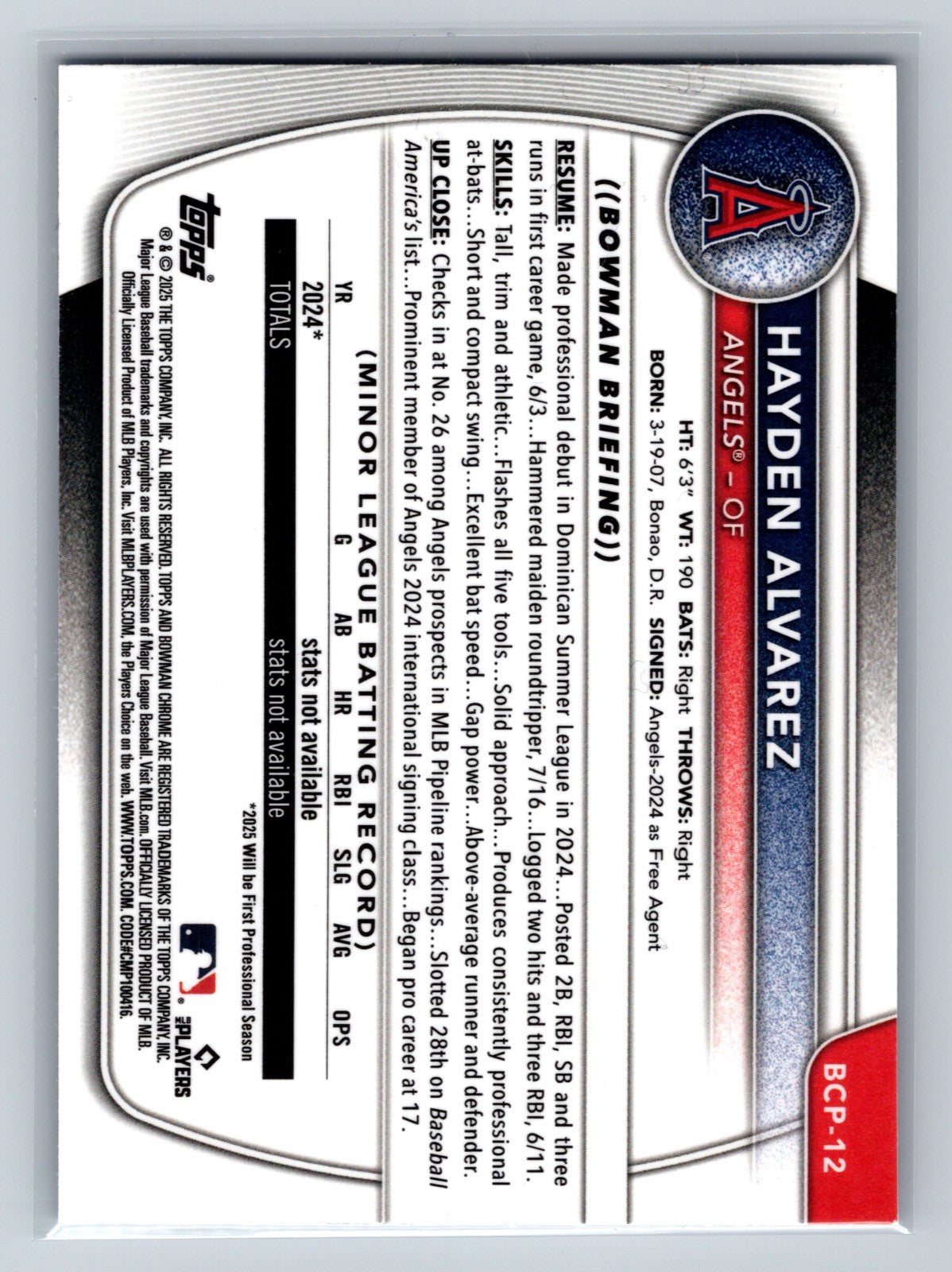 Hayden Alvarez 2025 Bowman Chrome 1st Blue Shimmer Refractor /150 #BCP-12 Angels