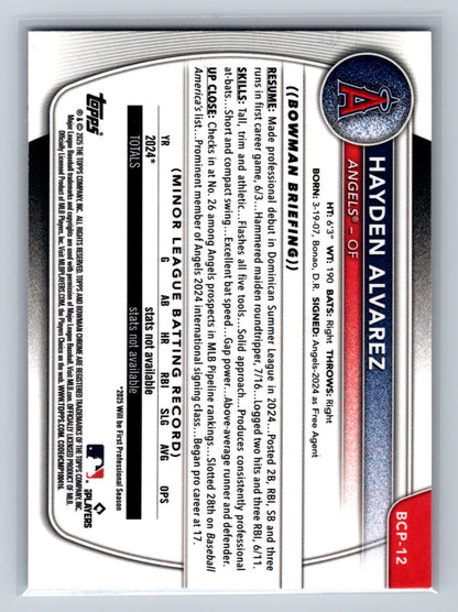 Hayden Alvarez 2025 Bowman Chrome 1st Blue Shimmer Refractor /150 #BCP-12 Angels