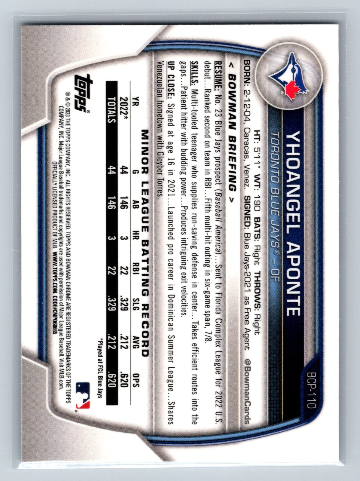 Yhoangel Aponte 2023 Bowman Chrome 1st Atomic Refractor #BCP-110 Blue Jays