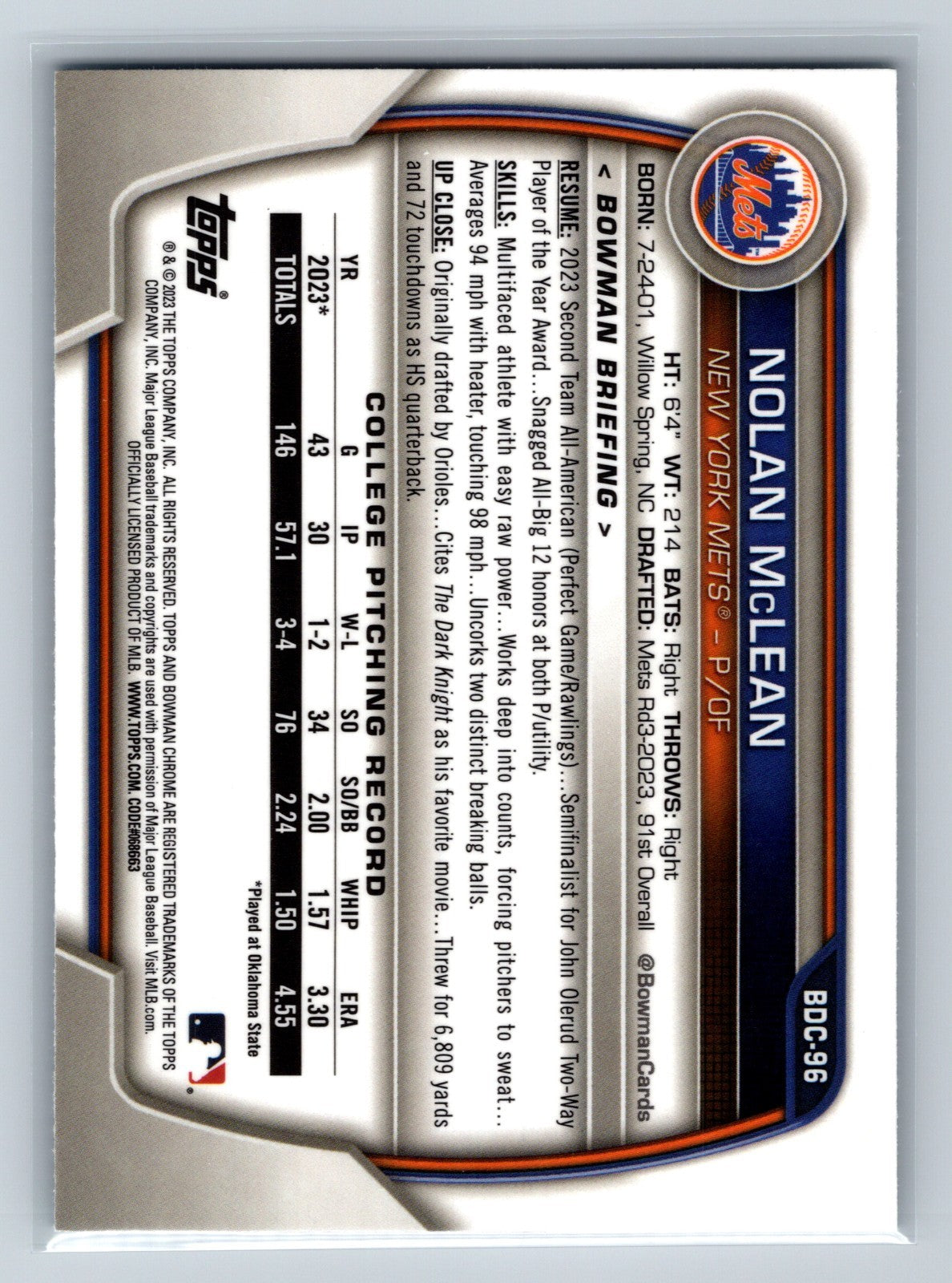 Nolan McLean 2023 Bowman Draft Chrome 1st Sky Blue Refractor #BDC-96 Mets