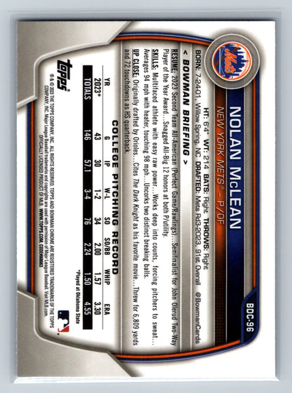 Nolan McLean 2023 Bowman Draft Chrome 1st Sky Blue Refractor #BDC-96 Mets