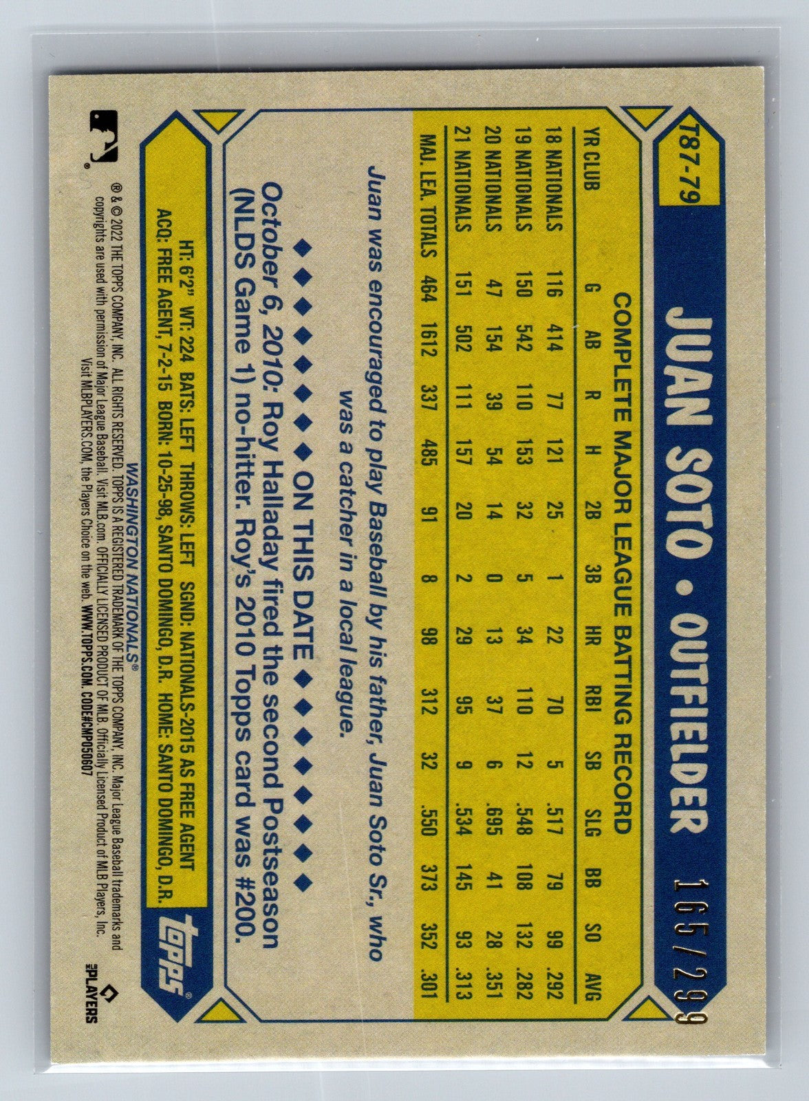 Juan Soto 2022 Topps Series 1 1987 35th Anniversary Black /299 #T87-79 Nationals