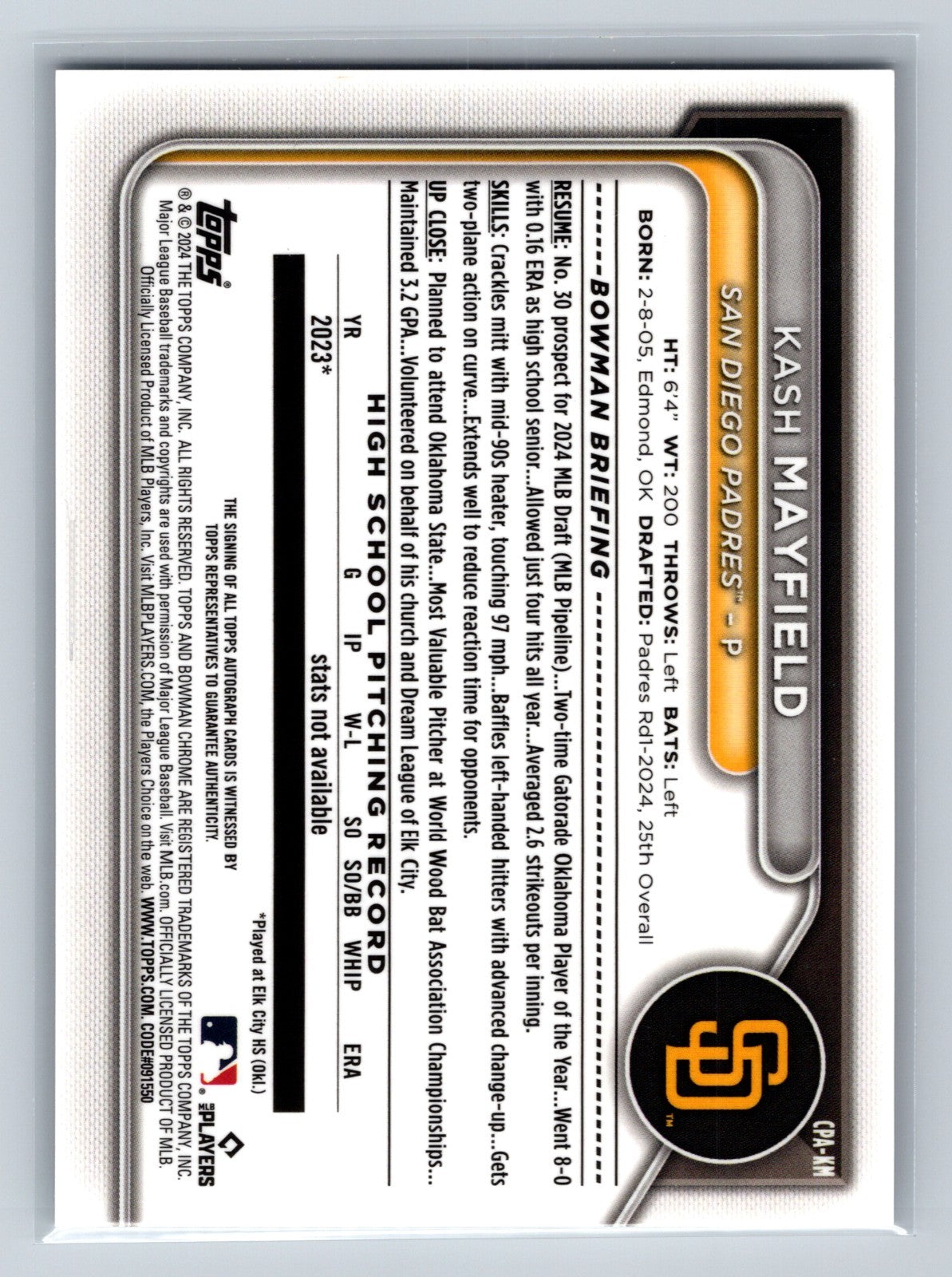 Kash Mayfield 2024 Bowman Draft Chrome 1st Auto #CPA-KM Padres
