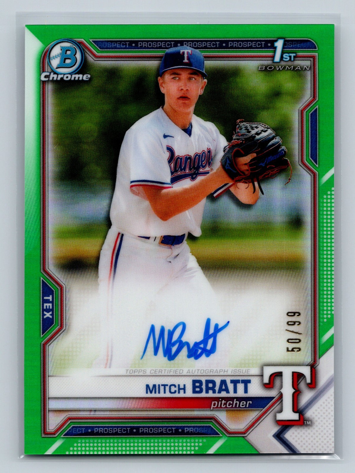 Mitch Bratt 2021 Bowman Draft Chrome 1st Green Refractor /99 #CDA-MBRA Rangers
