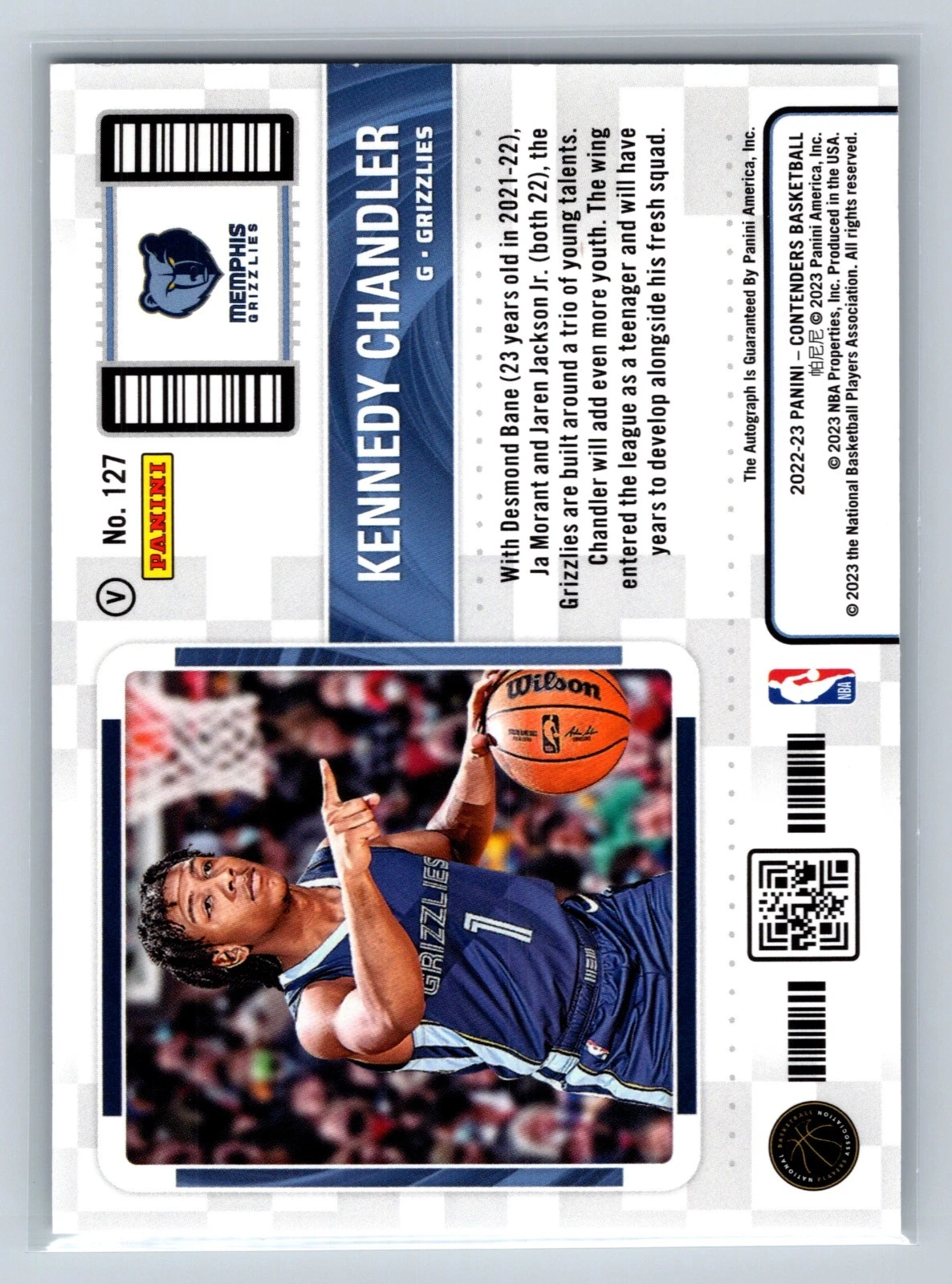Kennedy Chandler 2022-23 Panini Contenders Rookie Ticket Auto RC #127 Grizzlies