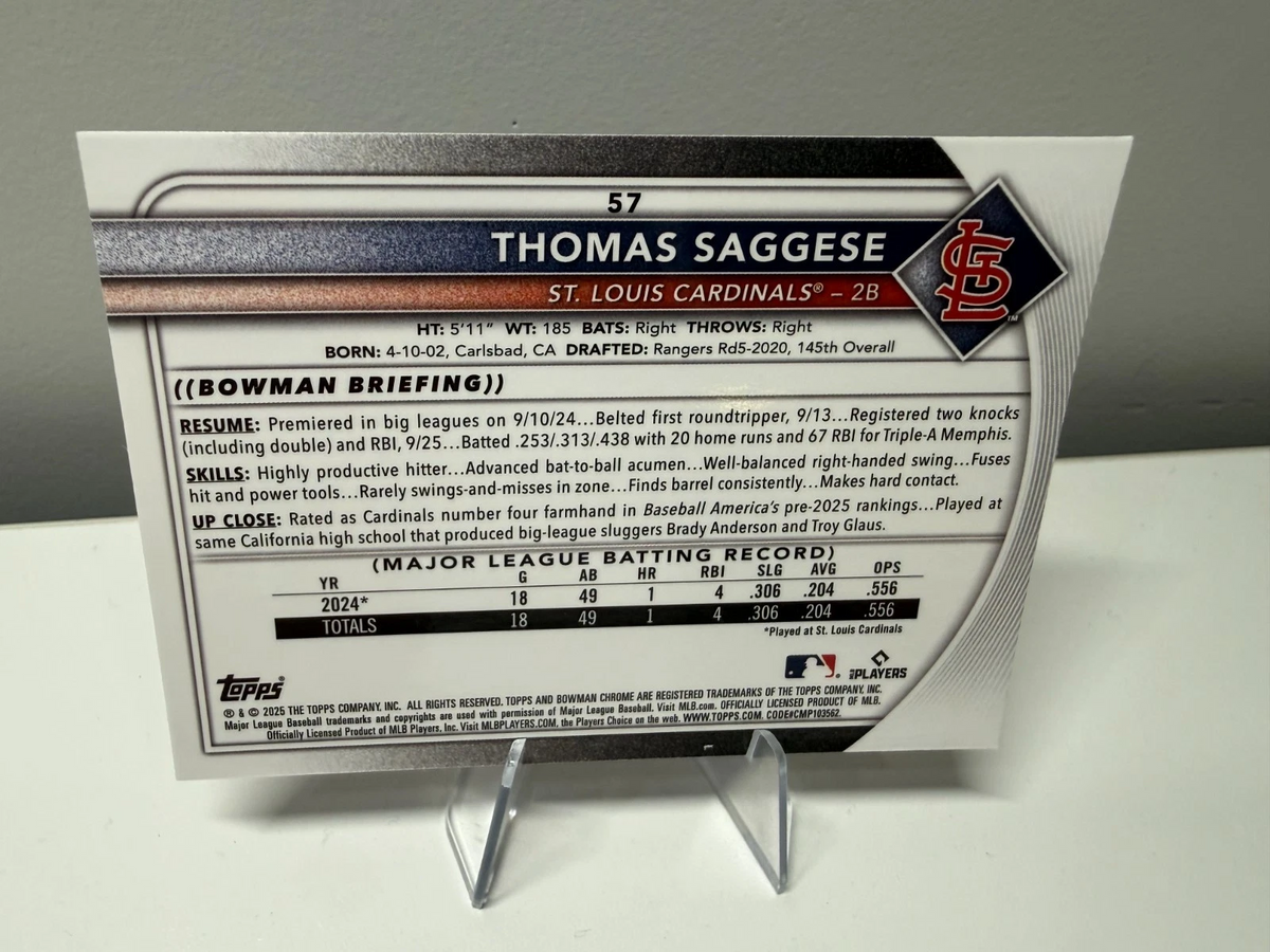 Thomas Saggese 2025 Bowman Chrome Pink Mojo Refractor RC /199 #57 Cardinals