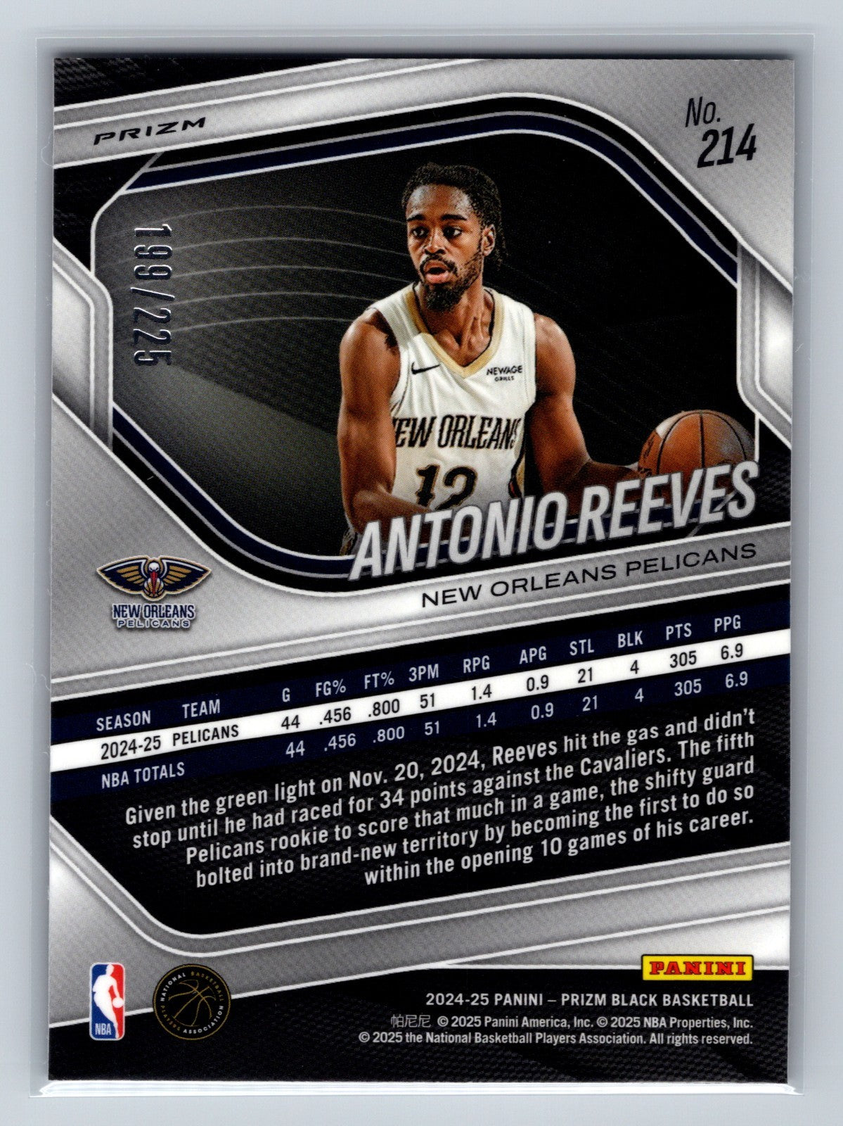 Antonio Reeves 2024-25 Panini Prizm Black Basketball Prizm RC /225 #214 Pelicans