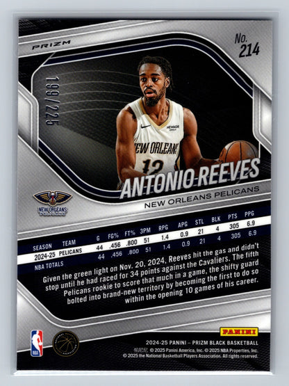 Antonio Reeves 2024-25 Panini Prizm Black Basketball Prizm RC /225 #214 Pelicans