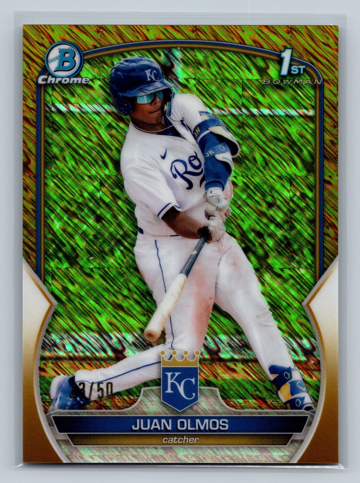 Juan Olmos 2023 Bowman Chrome 1st Gold Shimmer Refractor /50 #BCP-136 Royals