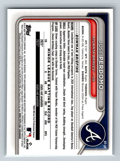 Jose Perdomo 2024 Bowman Chrome 1st Aqua Mojo Refractor /299 #BCP-220 Braves