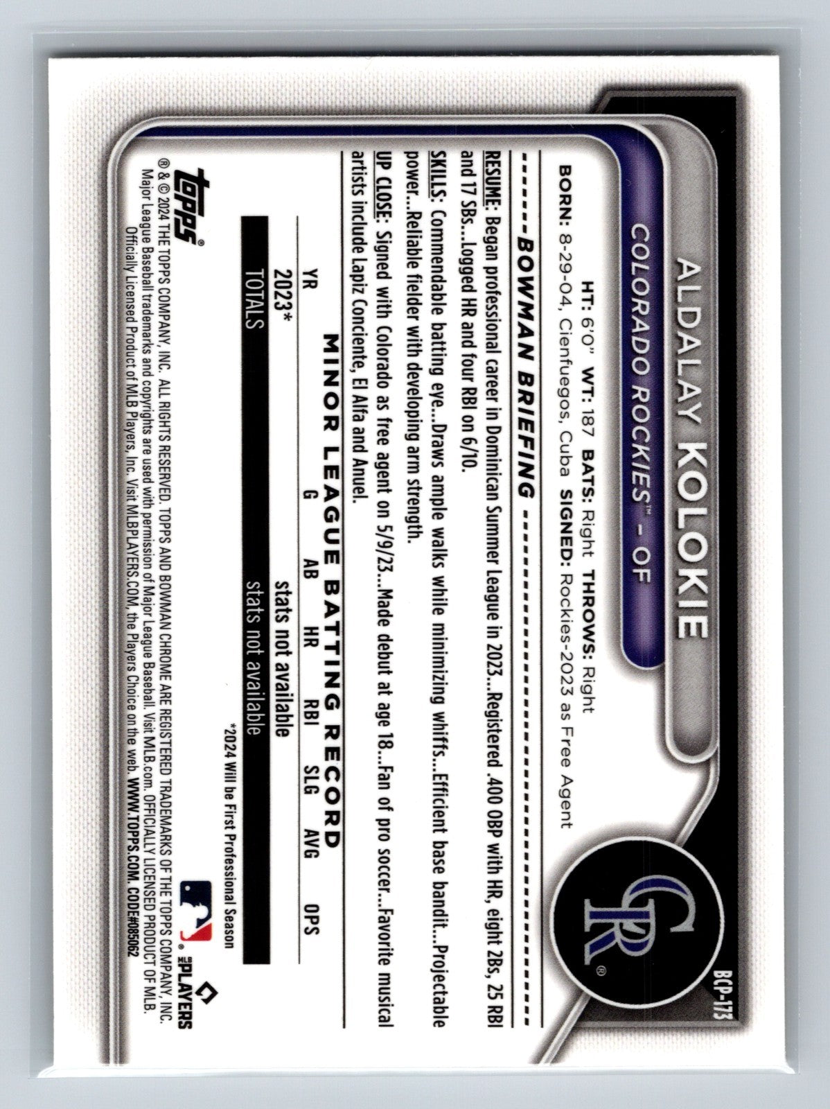 Aldalay Kolokie 2024 Bowman Chrome 1st Sapphire Edition Yellow Refractor /75