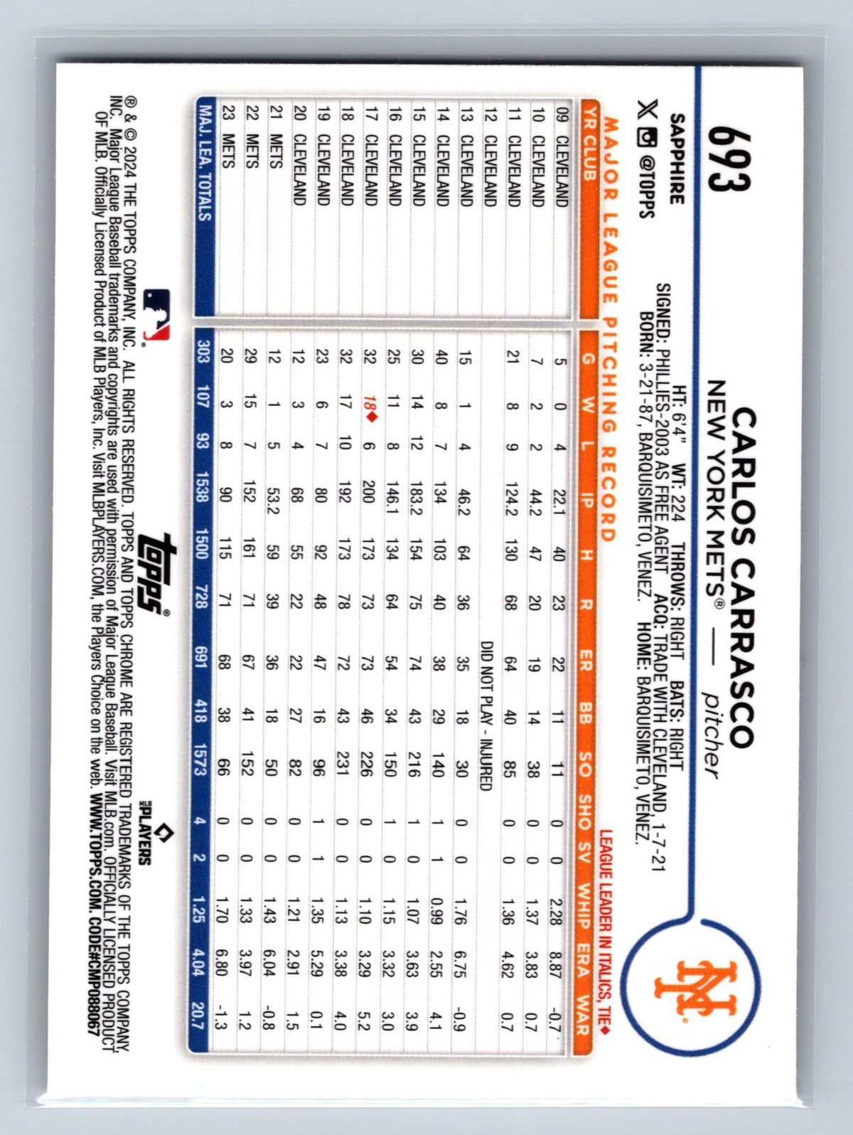 Carlos Carrasco 2024 Topps Chrome Sapphire Gold /50 #693 Mets