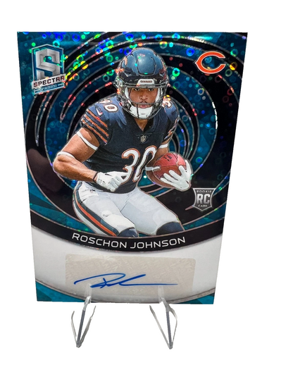Roschon Johnson 2023 Panini Spectra Neon Blue Prizm Auto RC /50 #RAU-RJO Bears